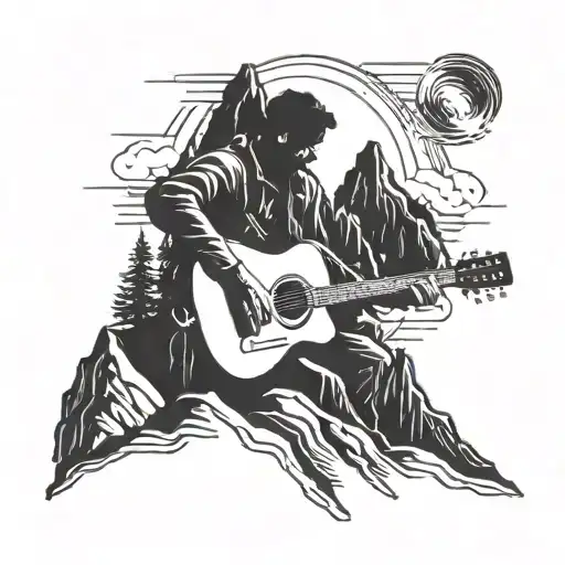 A blackwork tattoo of a silhouette of a person playing guitar on a mountain peak, representing your passion for music and adventure tattoo design idea