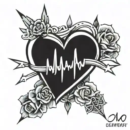 a date dated 10-14-51 with a heart flowing around it leading to heart beats leading to a cross with a date dated 5-05-24 tattoo design idea