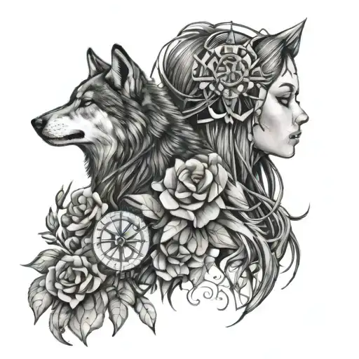 Amazon woman warier wear wolf skin, rose, compass, murky woods, crow  tattoo design idea