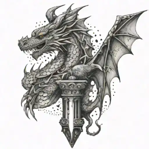 A gothic dragon wrapped around a vertical column of geode crystals tattoo design idea