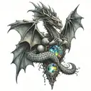 A gothic dragon wrapped around a vertical column of geode crystals tattoo design idea