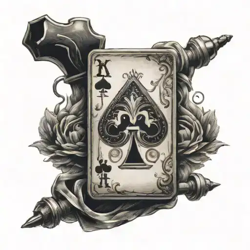 king of spades card holding powerlifting bar, black and white tattoo design idea