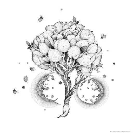 branche avec feuilles et fleur de pivoines autour d'un croissant de lune, avec des lignes verticales et en noir et blanc tattoo design idea