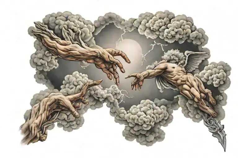 The creation of adam, clouds, lighthing bolts tattoo design idea