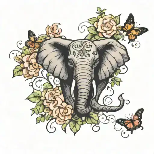 flowers elephant vines butterflies flying tattoo design idea