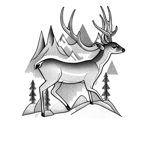 A majestic deer standing atop a mountain peak, surrounded by a lush forest. tattoo design idea