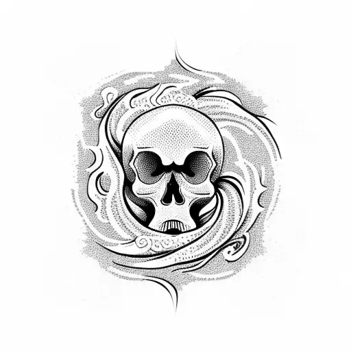 A skull surrounded by swirling Japanese waves in a blackwork design tattoo design idea