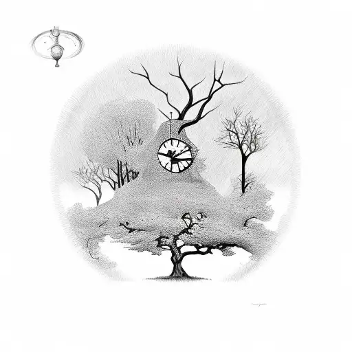 ash tree with clock and rabbits tattoo design idea