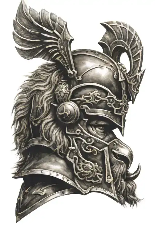 Lion and gladiator helmet tattoo design idea