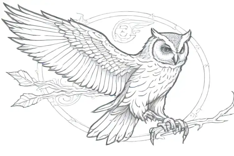 An owl in flight with wings morphing into native American arrow designs tattoo design idea