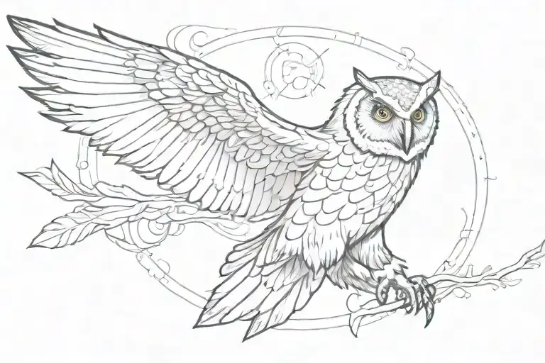 An owl in flight with wings morphing into native American arrow designs tattoo design idea