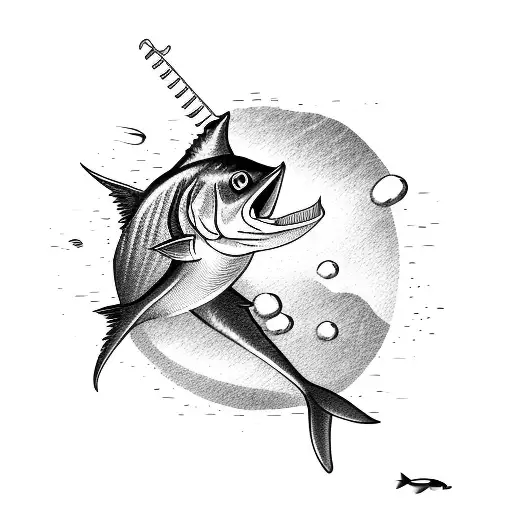 A majestic marlin leaping out of the water with a fishing rod tattoo design idea