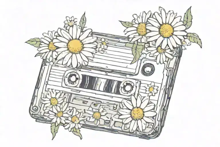 cassette tape with daisy flowers tattoo design idea