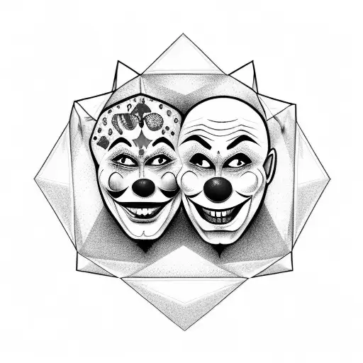 2 clowns in the shape of a diamond, one with a happy mask, the other with a sad one tattoo design idea