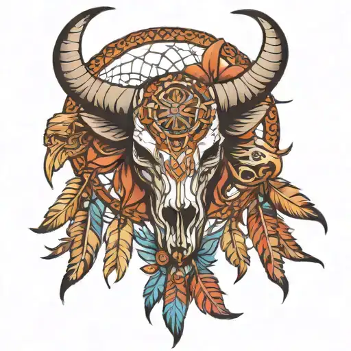 An Aztec-inspired dream catcher with bull skulls leaning and forming tattoo design idea