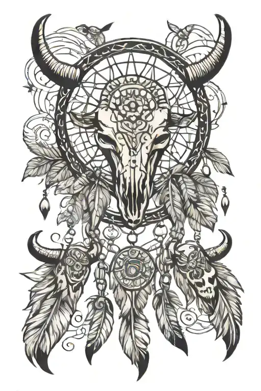 An Aztec-inspired dream catcher with bull skulls hanging from it tattoo design idea