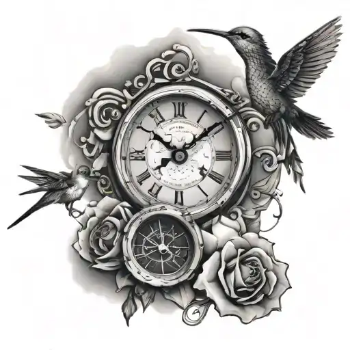 the roman number XXVII-V-MMV and some cloud around it a clock without hands and two hummingbirds flying together tattoo design idea