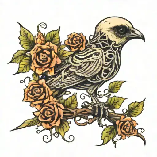 bird skeleton with vine   tattoo design idea