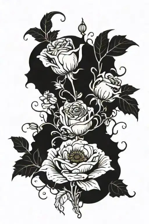 poppy flower, yellow rose and potato flower growing tattoo design idea