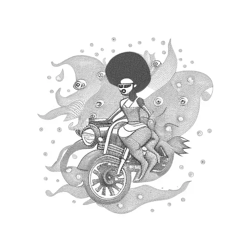 A black girl riding a motorcycle with a school of fish following behind tattoo design idea