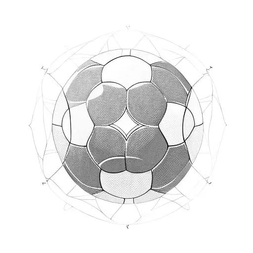 A minimalist blackwork tattoo of a soccer ball surrounded by abstract symbols representing existential concepts tattoo design idea
