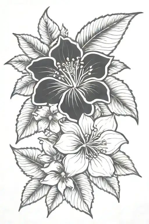 Black simple outline hibiscus, sunflower, water lily, plumeria, mountain laurel tattoo design idea