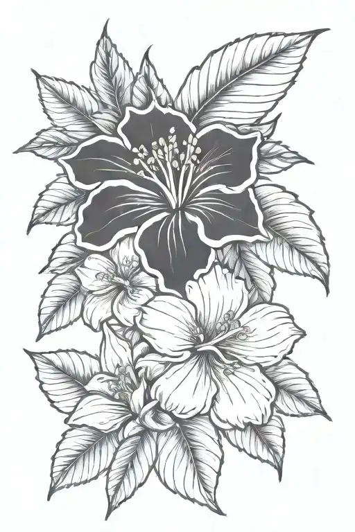 Black simple outline hibiscus, sunflower, water lily, plumeria, and  mountain laurel tattoo design idea