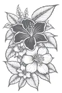 Black simple outline hibiscus, sunflower, water lily, plumeria, and  mountain laurel tattoo design idea