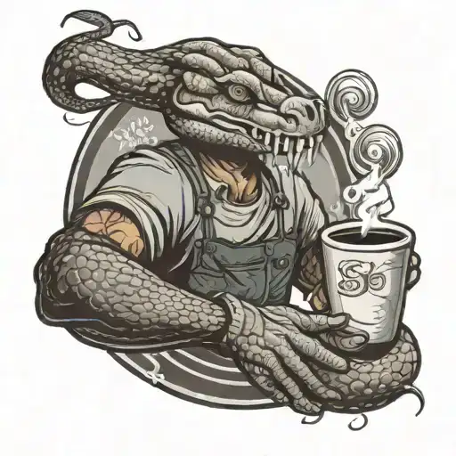 A barista brewing coffee with a snake wrapped around their arm tattoo design idea