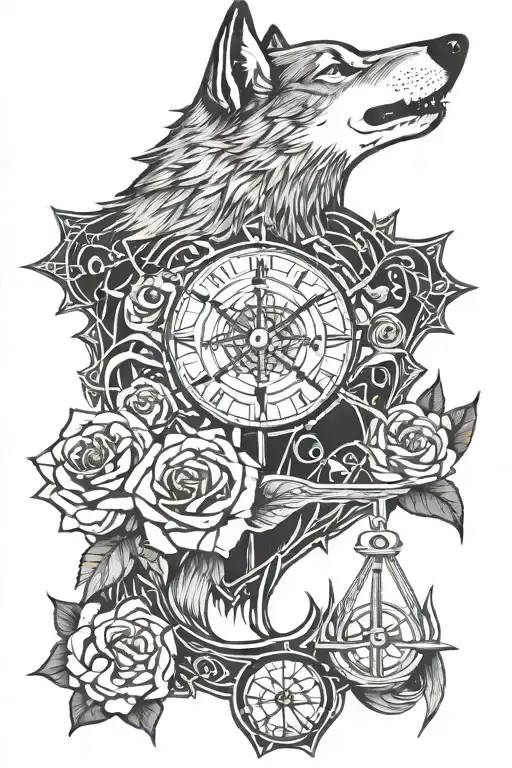 wolf, rose, ankh, swallow, compass intertwined tattoo design idea