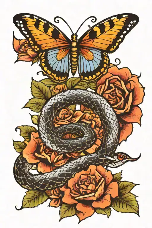 Snake, flowers and butterfly tattoo tattoo design idea