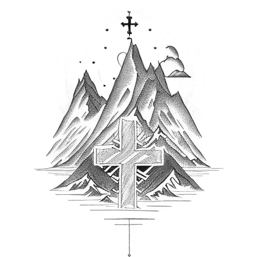 Cross with mountain and family tattoo design idea