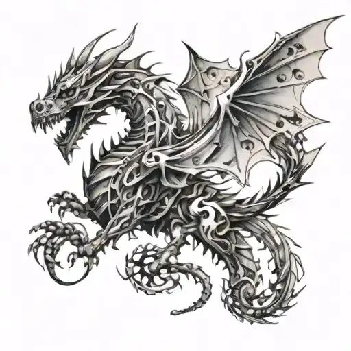 A mechanical dragon inspired by anime, incorporating metal elements from the client's metalúrgica occupation tattoo design idea