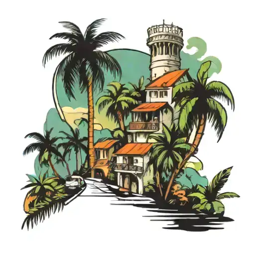 palm tress and buildings roads lead to beautiful places tattoo design idea