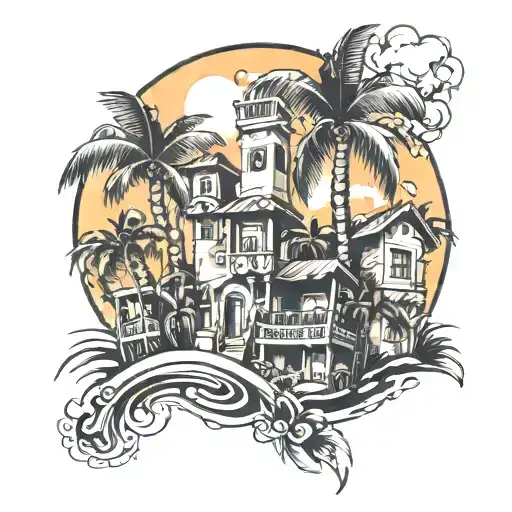 palm tress and buildings  tattoo design idea