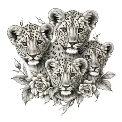 three lion cubs with flowers surrounding tattoo design idea