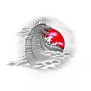 godzilla with a red sun behind him and waves in front tattoo design idea