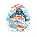 godzilla with a red sun behind him and waves in front tattoo design idea