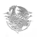 godzilla with a red sun behind him and waves in front tattoo design idea