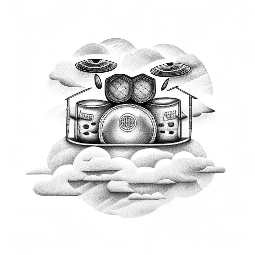 drum set with mustang in clouds tattoo design idea