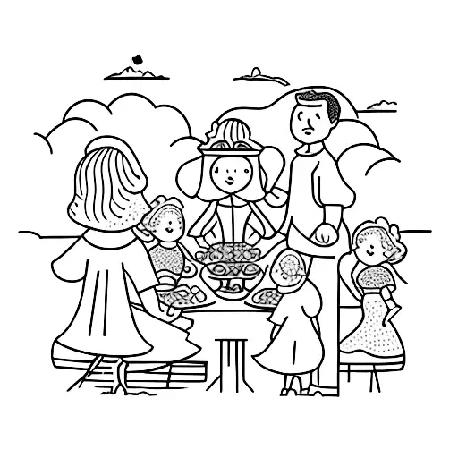 A whimsical tattoo of a food-themed family picnic, with your wife, two girls, and dog enjoying a delicious spread under a shady tree. tattoo design idea