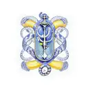 python wrapped around navy blue anchor with the birth flowrs of, January, august, and march. tattoo design idea