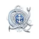 python wrapped around navy blue anchor with the birth flowrs of, January, august, and march. tattoo design idea