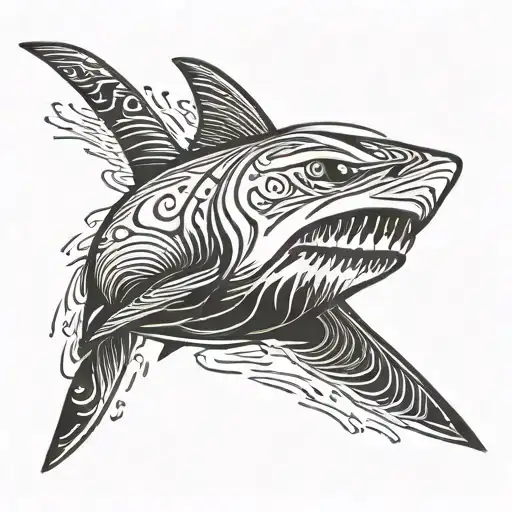 a shark drawn in chinese calligraphy style black and white simple just lines, more flowy tattoo design idea