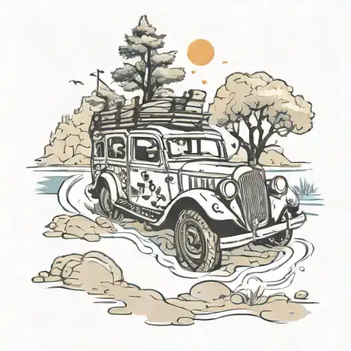 cute car, two people inside, leaving cherry pits as trail, in the vorm of the croation island Prvic Luka tattoo design idea