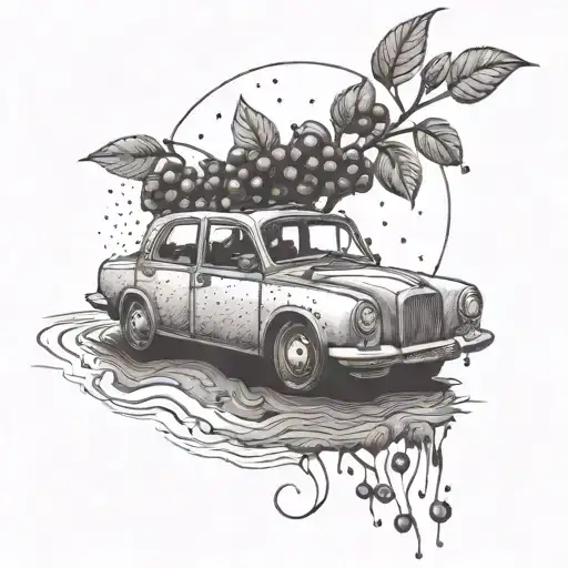 cute car driving, two hands out the window throwing cherry's leaving a trail, this trail looks like Prvic Luka, croatia tattoo design idea