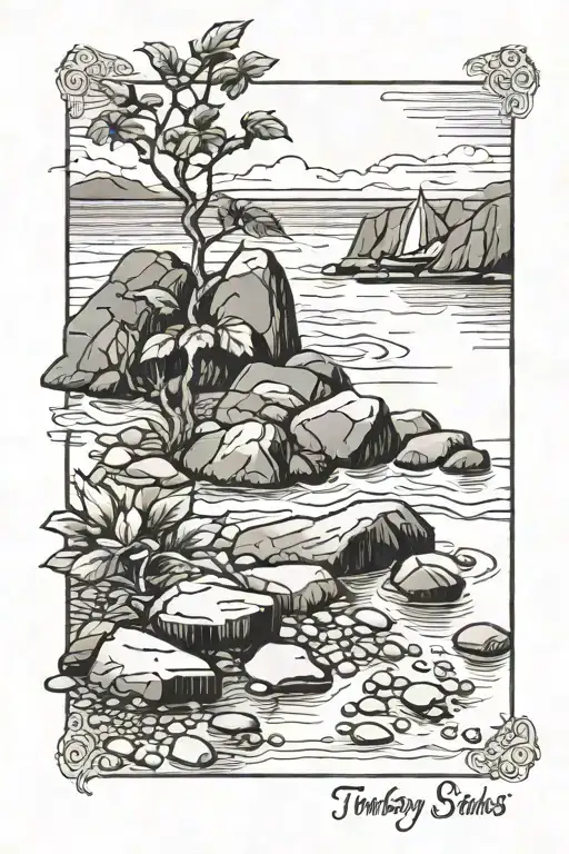 private beach, rough stones, quiet water and tiny stones where the beach is, on the stones are some lost cherry's tattoo design idea