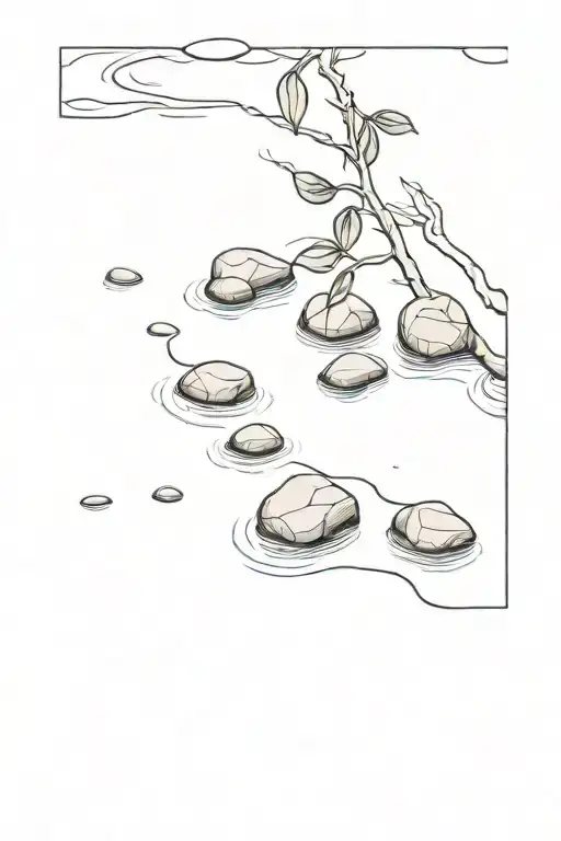 private beach, rough stones, quiet water and tiny stones where the beach is, on the stones are some lost cherry's tattoo design idea