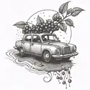 cute car driving, two hands out the window throwing cherry's leaving a trail, this trail looks like Prvic Luka, croatia tattoo design idea
