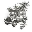 cute car driving, two hands out the window throwing cherry's leaving a trail, this trail looks like Prvic Luka, croatia tattoo design idea